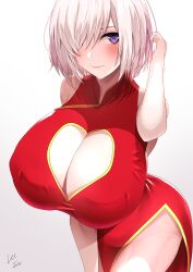 Rule 34 | 1girl, absurdres, alternate breast size, alternate costume, blush, breasts, china dress, chinese clothes, cleavage, cleavage cutout, closed mouth, clothing cutout, commentary request, dress, fate/grand order, fate (series), grey background, hair ornament, highres, huge breasts, leaning forward, lee-taro, looking at viewer, mash kyrielight, purple eyes, red dress, shirt, short hair, signature, solo, upper body, white shirt