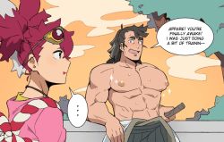 Rule 34 | ..., 2boys, appare-ranman!, bad id, bad twitter id, brown eyes, brown hair, cloud, english text, facepaint, goggles, goggles on head, grey eyes, isshiki kosame, japanese clothes, looking at another, male focus, multiple boys, muscular, nipples, orange sky, pectorals, ponytail, reclining, red hair, rope, saturday (hokawazu), shimenawa, sky, smile, sorano appare, sparkle, spoken ellipsis, sweat, topless male