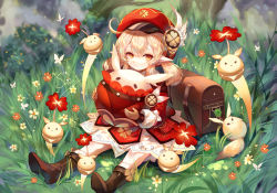Rule 34 | 1girl, absurdres, artist name, backpack, bag, blonde hair, boots, brown footwear, cabbie hat, chinese commentary, commentary request, dress, flower, genshin impact, grass, hat, highres, holding, klee (genshin impact), long hair, long sleeves, looking at viewer, petticoat, pointy ears, red dress, red hat, sheya, short dress, signature, sitting, solo, unworn backpack, unworn bag, yellow eyes