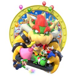 Rule 34 | 1girl, 3d, absurdres, balloon, blonde hair, blue eyes, blue overalls, bowser, brown hair, castle, crown, dice, dress, elbow gloves, game console, gloves, green headwear, hat, highres, horns, luigi, mario, mario (series), mario party, mini crown, multiple boys, nintendo, official art, overalls, pink dress, princess peach, puffy short sleeves, puffy sleeves, red eyes, red headwear, roller coaster, scales, short sleeves, shy guy, star (symbol), super mario bros. 1, white gloves, wiggler, wii u, yoshi