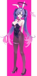 Rule 34 | 1girl, animal ears, arms behind back, black footwear, black leotard, black pantyhose, blue archive, blush, breasts, cosplay, detached collar, fake animal ears, full body, grin, groin, halo, harenchi, hatsune miku, high heels, highres, large breasts, leotard, long hair, mechanical halo, pantyhose, pure pure (rabbit hole), purple eyes, purple hair, rabbit ears, rabbit hole (vocaloid), smile, solo, twintails, vocaloid, yuuka (blue archive)