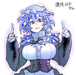Rule 34 | 1girl, black ribbon, blue eyes, blue hair, blush, breasts, bubble, center frills, closed mouth, danbou kigu, extra teeth, frills, gloves, hat, index finger raised, large breasts, long sleeves, looking at viewer, maid, maid cap, mob cap, neck ribbon, original, ribbon, shirt, simple background, smile, solo, translation request, underbust, upper body, white background, white hat, white shirt, wide sleeves