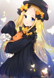 Rule 34 | 1girl, abigail williams (fate), bad id, bad pixiv id, black bow, black dress, black hat, blonde hair, blue background, blue eyes, bow, bug, butterfly, closed mouth, commentary request, dress, fate/grand order, fate (series), forehead, gradient background, grey background, hair bow, hand up, hat, highres, hugging object, insect, katsushika pachi, long hair, long sleeves, looking at viewer, looking to the side, orange bow, parted bangs, polka dot, polka dot bow, sleeves past fingers, sleeves past wrists, smile, solo, stuffed animal, stuffed toy, teddy bear, very long hair