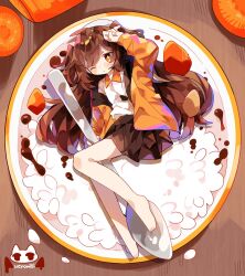 Rule 34 | 1girl, ahoge, arm up, artist logo, artist name, bare legs, barefoot, between legs, bright pupils, brown hair, brown skirt, carrot, carrot slice, collared shirt, commentary request, commission, curry, curry (vtuber), curry rice, dot nose, food, food print, from above, full body, hair spread out, highres, in food, indie virtual youtuber, jacket, long hair, long sleeves, looking at viewer, lying, mini person, minigirl, miniskirt, on plate, one eye closed, open clothes, open jacket, orange jacket, parted lips, plantar flexion, plate, pleated skirt, print shirt, rice, second-party source, shirt, shirt tucked in, skeb commission, skirt, solo, spoon, two side up, uenomigi, very long hair, virtual youtuber, white pupils, white shirt