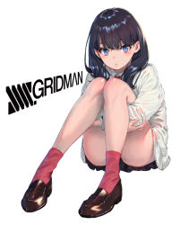 Rule 34 | 10s, 1girl, black hair, blue eyes, cardigan, closed mouth, commentary request, copybird, copyright name, gridman universe, highres, legs, long sleeves, looking at viewer, rolua, short hair, simple background, sitting, socks, solo, ssss.gridman, takarada rikka, thighs, white background, white cardigan
