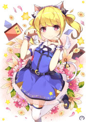 Rule 34 | 1girl, animal ears, bell, blonde hair, blush, book, cat ears, cat tail, commentary request, dango remi, dress, flower, girlish number, highres, jingle bell, kemonomimi mode, leg up, looking at viewer, paw pose, puffy short sleeves, puffy sleeves, purple eyes, ribbon, shoes, short hair, short sleeves, smile, solo, sonou momoka, tail, tail bell, tail ornament, thighhighs, twintails, white thighhighs, wings, wrist cuffs