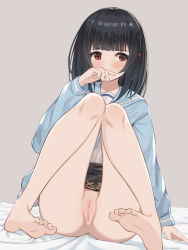 Rule 34 | 1girl, barefoot, black hair, black skirt, blunt bangs, bob cut, bottomless, cameltoe, censored, cleft of venus, covering own mouth, embarrassed, feet, granblue fantasy, grey background, hand over own mouth, highres, kurowan, mosaic censoring, no panties, on bed, pussy, red eyes, school uniform, simple background, sitting, skirt, soles, solo, vikala (granblue fantasy)