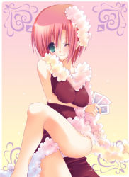 Rule 34 | 1girl, ;d, bare legs, breasts, card, dress, gradient background, grin, hashimo yuki, holding, holding card, large breasts, looking at viewer, one eye closed, open mouth, red dress, rio rollins, simple background, sitting, smile, solo, super blackjack, teeth, thighhighs