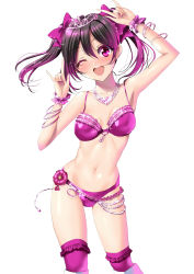 Rule 34 | 1girl, bikini, black hair, bow, bracelet, breasts, collarbone, commentary request, contrapposto, cowboy shot, frilled thighhighs, frills, hair bow, highres, jewelry, looking at viewer, love live!, love live! school idol project, m/, medium breasts, navel, necklace, nico nico nii, one eye closed, pink bikini, pink thighhighs, red eyes, sen (sansui), shiny clothes, smile, solo, standing, swimsuit, thighhighs, tiara, twintails, white background, yazawa nico