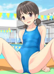 Rule 34 | 1girl, absurdres, black hair, blue one-piece swimsuit, blue sky, blurry, breasts, brown eyes, cloud, competition swimsuit, day, depth of field, feet out of frame, highres, logo, looking at viewer, low twintails, mizuno (brand), one-piece swimsuit, original, outdoors, pool, short hair, sitting, sky, small breasts, smile, solo, spread legs, string of flags, swimsuit, takafumi, twintails