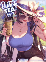 Rule 34 | 1girl, :d, adjusting eyewear, alternate breast size, alternate costume, aqua eyes, arm tattoo, artist name, black choker, black hair, black nails, black shorts, bow, breasts, bubble tea, casual, choker, cleavage, copyright name, cup, disposable cup, drink, english text, genshin impact, gold bracelet, gold necklace, hand on eyewear, hat, hat bow, hat ornament, high-waist shorts, holding, holding cup, holding drink, jewelry, large breasts, mitsu (mitsu art), mona (genshin impact), nail polish, necklace, open mouth, patreon username, short shorts, shorts, sitting, smile, solo, star (symbol), star necklace, summer, sun hat, sunglasses, tattoo, thighs