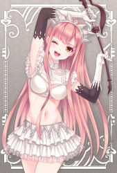 Rule 34 | 1girl, blunt bangs, blush, breasts, cleavage, cowboy shot, fate/grand order, fate (series), gloves, highres, holding, holding riding crop, long hair, looking at viewer, medb (fate), medium breasts, navel, one eye closed, open mouth, pika mouse, pink hair, riding crop, skirt, smile, solo, tiara, white gloves, yellow eyes