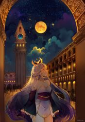 Rule 34 | 1girl, arch, bare shoulders, candle, clock, clock tower, closed mouth, cloud, commentary, commission, cowboy shot, crescent print, crown, detached sleeves, dress, english commentary, eyelashes, frilled sleeves, frills, full moon, gold necklace, gold trim, gradient hair, highres, hoshi-pan, jewelry, layered sleeves, long hair, looking to the side, looking up, moon, multicolored hair, necklace, night, night sky, orange eyes, original, outdoors, people, pointy ears, purple hair, purple sleeves, short dress, sky, sleeveless, sleeveless dress, sleeves past wrists, smile, solo, sparkle, star (sky), tower, town, very long hair, white dress, white hair, white sleeves, yellow headwear