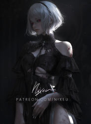 Rule 34 | 1girl, 2b (nier:automata), backlighting, black dress, blood, cowboy shot, cuts, dress, earrings, eyelashes, fingernails, grey hair, hairband, highres, injury, jewelry, lips, long fingernails, looking to the side, mole, mole under mouth, nier:automata, nier (series), nixeu, nose, patreon username, red eyes, short hair, signature, solo, standing, torn clothes