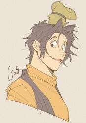 Rule 34 | 1boy, black eyes, black hair, bright pupils, character name, cropped torso, disney, from side, goofy, green hat, grey background, grey hair, grey vest, hat, highres, humanization, looking at viewer, male focus, messy hair, open mouth, orange shirt, shirt, simple background, solo, sparse stubble, uochandayo, vest, white pupils