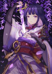 Rule 34 | 1girl, absurdres, armor, bad id, bad pixiv id, braid, branch, breasts, bridal gauntlets, cleavage, electricity, expressionless, fingernails, flower, genshin impact, gloves, highres, human scabbard, japanese clothes, kimono, looking at viewer, low-braided long hair, low-tied long hair, medium breasts, mitsudomoe (shape), mole, mole under eye, nail polish, obi, obiage, obijime, petals, purple background, purple eyes, purple flower, purple gloves, purple hair, purple kimono, purple nails, raiden shogun, sash, shoulder armor, solo, tassel, tomoe (symbol), upper body, user xegm7425