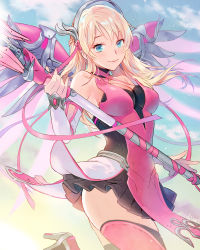 Rule 34 | 1girl, alternate hairstyle, bare shoulders, black skirt, blonde hair, blue eyes, blue sky, breasts, cleavage, cloud, cloudy sky, commentary request, cowboy shot, criss-cross halter, dress, elbow gloves, fingernails, gloves, hair down, hair ribbon, halo, halterneck, high heels, highres, holding, holding staff, leg up, lino chang, looking at viewer, magical girl, mechanical halo, mechanical wings, medium breasts, medium hair, mercy (overwatch), nail polish, official alternate costume, outdoors, overwatch, overwatch 1, pelvic curtain, pink dress, pink mercy, pink nails, pink ribbon, pink thighhighs, pink wings, pleated skirt, ribbon, ruffling hair, signature, skirt, sky, smile, solo, staff, thighhighs, twintails, wings, yellow sky