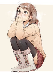 Rule 34 | 1girl, bad id, bad pixiv id, black thighhighs, blush, boots, breath, brown eyes, brown hair, cold, cross-laced footwear, kawai makoto, looking away, original, pleated skirt, short hair, simple background, skirt, sleeves past wrists, solo, squatting, sweater, thighhighs, zettai ryouiki