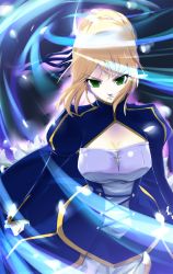 Rule 34 | 1girl, artoria pendragon (fate), blonde hair, breasts, cleavage, dress, fate/stay night, fate/zero, fate (series), green eyes, hair ribbon, highres, initial f, ribbon, saber (fate), solo