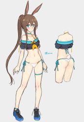 Rule 34 | 1girl, amiya (arknights), animal ears, aqua eyes, arknights, bare shoulders, bikini, blush, breasts, brown hair, collar, collarbone, commentary request, crop top, dan (kumadan), hair between eyes, halterneck, highres, jewelry, long hair, looking at viewer, navel, neckerchief, nike (company), off-shoulder shirt, off shoulder, ponytail, rabbit ears, rabbit tail, ring, sailor collar, sailor shirt, shirt, shoes, side-tie bikini bottom, signature, simple background, small breasts, sneakers, solo, swimsuit, tail, thigh strap, very long hair, white background, white bikini, yellow neckerchief