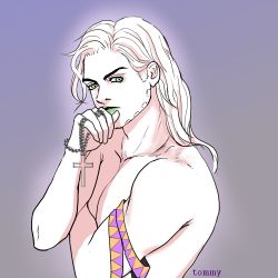 Rule 34 | 1boy, artist name, bad id, bad pixiv id, beads, cross, facial hair, gradient background, green eyes, green lips, gyro zeppeli, jojo no kimyou na bouken, limited palette, lipstick, long hair, makeup, male focus, solo, steel ball run, tommy (catscratches), topless male, upper body