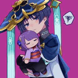 Rule 34 | 1boy, armor, black bodysuit, black hair, blue cape, blue hat, blunt ends, bodysuit, bridal gauntlets, cape, character doll, cheek bulge, doll, genshin impact, gold, gold ring, hat, highres, hugging doll, hugging object, japanese armor, japanese clothes, jewelry, jingasa, kimono, kote, kurokote, light blush, looking at viewer, male focus, mandarin collar, middle ring, mxxu box, pink background, purple eyes, raiden shogun, ring, scaramouche (genshin impact), short sleeves, stuffed toy, tilted headwear, wanderer (genshin impact), white kimono, white sleeves