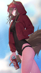 Rule 34 | 1girl, absurdres, animal ears, arknights, black one-piece swimsuit, blue sky, breasts, brown hair, can, closed mouth, clothing cutout, competition swimsuit, day, drink can, ears through headwear, hand in pocket, highres, holding, holding can, hood, hood up, jacket, kimo suna, long hair, long sleeves, looking at viewer, medium breasts, official alternate costume, one-piece swimsuit, outdoors, projekt red (arknights), projekt red (light breeze) (arknights), red eyes, red jacket, sky, soda can, solo, swimsuit, swimsuit under clothes, tail, tail through clothes, unzipped, walking, wolf ears, wolf girl, wolf tail