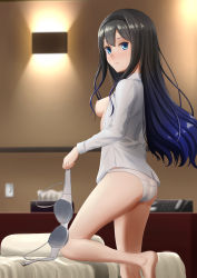 Rule 34 | 1girl, absurdres, ass, bad id, bad pixiv id, barefoot, bed, bedroom, black hair, black hairband, blue eyes, blue theme, blurry, blurry background, bra, unworn bra, breasts, closed mouth, commentary, crotch seam, dress shirt, from side, hairband, highres, holding, holding bra, holding clothes, holding underwear, hoshikawa shiori, indoors, kayama kouji, kneepits, lace, lace-trimmed bra, lace-trimmed panties, lace trim, leg up, legs, lips, long hair, looking at viewer, looking back, medium breasts, nipples, no pants, open clothes, open shirt, original, panties, pillow, shirt, smile, solo, standing, underwear, undressing, white bra, white panties, white shirt