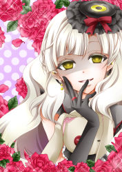Rule 34 | 1girl, black gloves, blonde hair, elbow gloves, flower, gloves, hat, highres, jewelry, kasuga setarou, long hair, looking at viewer, mayu (vocaloid), ring, rose, smile, solo, stuffed animal, stuffed rabbit, stuffed toy, usano mimi, vocaloid, yandere, yellow eyes