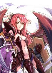 Rule 34 | 1girl, armor, center opening, clenched teeth, dark minerva (p&amp;d), feathers, gloves, head wings, highres, long hair, minerva (p&amp;d), nikke (cherish), puzzle &amp; dragons, red hair, shield, shoulder pads, solo, sword, teeth, weapon, wings, yellow eyes