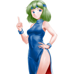 Rule 34 | 1girl, bare shoulders, blue dress, blue eyes, blue headband, blue wristband, breasts, closed mouth, covered navel, dragon slayer (series), dress, green hair, hand on own hip, hand up, headband, highres, index finger raised, medium breasts, minamoto80486, no panties, ringed eyes, side slit, simple background, sleeveless, sleeveless dress, sleeveless turtleneck dress, smile, solo, sorcerian, split mouth, taut clothes, taut dress, turtleneck, turtleneck dress, white background, wristband