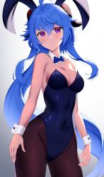 Rule 34 | 1girl, absurdres, animal ears, arms at sides, bare shoulders, blue hair, blue leotard, bluerabbit gap, bow, bowtie, breasts, cleavage, closed mouth, covered navel, cowboy shot, detached collar, frown, ganyu (genshin impact), genshin impact, gluteal fold, hair between eyes, highres, horns, leotard, long hair, looking at viewer, medium breasts, pantyhose, playboy bunny, ponytail, purple eyes, rabbit ears, simple background, solo, traditional bowtie, very long hair, wrist cuffs