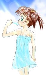 Rule 34 | 00s, blue dress, blue eyes, brown hair, character request, copyright request, dress, eating, food, from behind, holding, holding food, kokekokko coma, looking back, popsicle, spaghetti strap, sweat, twintails