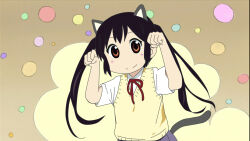 Rule 34 | 1girl, animal ears, arms up, artist request, black hair, blush, brown hair, cat ears, cat tail, closed mouth, fake animal ears, k-on!, nakano azusa, nichijou, no nose, school uniform, smile, solo, sweater, sweater vest, tail, twintails