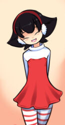 Rule 34 | 1girl, arms behind back, black hair, blush, christmas, closed eyes, drantyno, dress, earmuffs, long sleeves, looking at viewer, megu (ryuhi), open mouth, pantyhose, red dress, short hair, smile, standing, striped clothes, striped pantyhose, teeth, white pantyhose