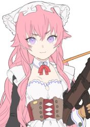 Rule 34 | 1girl, :3, bow, brown corset, brown gloves, closed mouth, corset, flat chest, frills, gloves, grey background, gun, hair between eyes, holding, holding gun, holding weapon, koyoi mitsuki, long hair, looking at viewer, original, pink hair, purple eyes, red bow, simple background, smile, solo, weapon