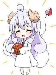 1girl :d ahoge ball barefoot basketball_(object) blush brown_horns closed_eyes collared_dress commentary_request curled_horns curly_hair demon_girl demon_tail dress full_body holding holding_ball horns kotatsu-mazoku lilith_(machikado_mazoku) lilith_(machikado_mazoku)_(homunculus) long_hair long_sleeves machikado_mazoku neck_ribbon open_mouth pink_ribbon purple_hair ribbon sidelocks simple_background sleeves_past_fingers sleeves_past_wrists smile solo standing tail white_background white_dress