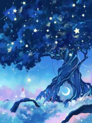 Rule 34 | 1girl, above clouds, absurdres, artist name, cloud, commentary request, crescent moon, dress, facing away, from behind, highres, long hair, moon, night, original, pink hair, plant, roots, short sleeves, signature, solo, sparkle, standing, star (sky), star (symbol), tree, vines, white dress, wide shot, yuzuki kino