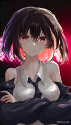 Rule 34 | 1girl, arms under breasts, bare shoulders, black jacket, black necktie, blush, bob cut, breasts, brown hair, closed mouth, collarbone, collared shirt, highres, honkai (series), honkai impact 3rd, jacket, long sleeves, looking at viewer, medium breasts, multicolored hair, nail polish, necktie, red background, red eyes, red hair, red nails, seele (alter ego), seele vollerei, shirt, sleeveless, sleeveless shirt, smile, solo, upper body, white paper is not paper, white shirt