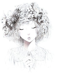 Rule 34 | 1girl, closed eyes, eyelashes, flower, greyscale, head wreath, lips, monochrome, original, own hands clasped, own hands together, portrait, solo, sousou (sousouworks), wreath