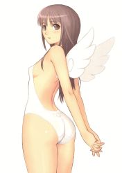 Rule 34 | 1girl, absurdres, angel, angel wings, arms behind back, ass, bare arms, bare shoulders, blush, breasts, brown eyes, brown hair, fingernails, highres, interlocked fingers, leotard, long hair, looking at viewer, looking back, mini wings, original, parted lips, scan, shiny skin, simple background, small breasts, solo, strapless, strapless leotard, thighs, tony taka, white background, white leotard, wings