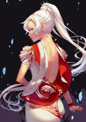 Rule 34 | 1girl, absurdres, backless dress, backless outfit, blue eyes, bridal gauntlets, butt crack, dress, earrings, floating hair, from behind, hair between eyes, hair ornament, high ponytail, highres, jewelry, long hair, looking at viewer, looking back, parted lips, ring, rwby, short sleeves, silver hair, solo, splish, upper body, very long hair, weiss schnee, wristband
