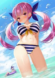 Rule 34 | 2girls, absurdres, arms behind back, bikini, blue hair, blue ribbon, blue sky, blush, braid, bubble, closed mouth, cloud, colored inner hair, commentary request, drill hair, from below, hair ribbon, halterneck, hat, highres, hololive, innertube, long hair, looking at viewer, minato aqua, minato aqua (hololive summer 2019), multicolored hair, multiple girls, murasaki shion, navel, nogami (minamiituki), ocean, pink hair, purple eyes, ribbon, sidelocks, silver hair, sky, stomach, striped bikini, striped clothes, swim ring, swimsuit, twin drills, twintails, virtual youtuber, wading, water, wet, witch hat