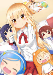 Rule 34 | &gt;:&lt;, 4girls, :&lt;, :3, ^ ^, bed, blonde hair, blue eyes, blue hair, blurry, blush, blush stickers, brown hair, chibi, clinging, closed eyes, closed mouth, depth of field, doma umaru, ebina nana, closed eyes, hand in own hair, headband, himouto! umaru-chan, hood, hoodie, komaru (himouto! umaru-chan), long hair, motion blur, motoba kirie, multiple girls, nose bubble, open mouth, ponytail, poster (object), red eyes, red skirt, school uniform, skirt, sleeping, smile, sylphine, tachibana sylphynford, twintails, v-shaped eyebrows, yellow eyes