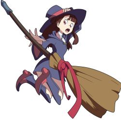 Rule 34 | 1girl, boots, broom, brown eyes, brown hair, full body, hat, kagari atsuko, little witch academia, looking back, open mouth, parody, showers-u, sparkle, transparent background, witch hat, yu-gi-oh!