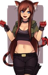 Rule 34 | 1girl, :d, animal ears, black gloves, blue eyes, borrowed character, bow, breasts, brown hair, choker, cleavage, clenched hands, cowboy shot, crop top, denim, denim shorts, facial mark, fangs, fingerless gloves, gloves, hikareki, long hair, looking at viewer, medium breasts, midriff, navel, open mouth, original, panty straps, red bow, shorts, smile, solo, stomach, strapless, tail, tail bow, tail ornament, tiger ears, tiger girl, tiger tail, tube top, whisker markings