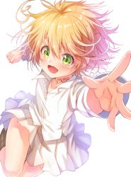 Rule 34 | 1girl, ahoge, blush, clenched hand, collared shirt, commentary request, emma (yakusoku no neverland), green eyes, hair between eyes, jumping, long sleeves, looking at viewer, matokechi, messy hair, neck tattoo, number tattoo, open mouth, orange hair, outstretched arm, partial commentary, reaching, reaching towards viewer, shirt, short hair, simple background, skirt, smile, solo, tattoo, white background, white shirt, white skirt, yakusoku no neverland