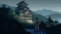 Rule 34 | 1girl, architecture, bag, bird, black hair, building, castle, east asian architecture, facing away, forest, from behind, grey sky, hood, hood down, hoodie, long sleeves, mountain, nature, original, outdoors, pine tree, pixel art, pleated skirt, ponytail, scenery, short ponytail, shoulder bag, shroedinger, skirt, sky, solo, tree