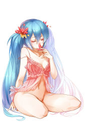 Rule 34 | 1girl, babydoll, blue hair, bottomless, breasts, closed eyes, full body, gradient hair, hair ornament, hatsune miku, highres, leaf, leaf hair ornament, long hair, maingl, multicolored hair, purple hair, simple background, solo, twintails, very long hair, vocaloid, white background