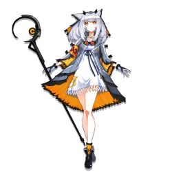 Rule 34 | 1girl, animal ears, arknights, armband, bare legs, black footwear, boots, breasts, closed mouth, coat, collarbone, crossed legs, dress, expressionless, feather-trimmed coat, feather trim, full body, gloves, goggles, grey coat, grey hair, headwear request, holding, holding staff, long sleeves, looking at viewer, medium breasts, medium hair, multicolored eyes, official art, open clothes, open coat, orange eyes, orange socks, owl ears, ptilopsis (arknights), ryuuzaki ichi, sidelocks, socks, solo, staff, straight-on, tachi-e, transparent background, veil, watson cross, weapon, white dress, yellow eyes